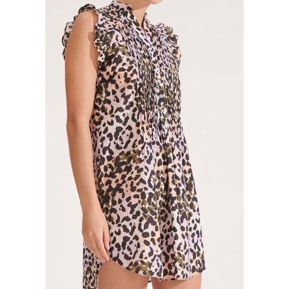 Veronica Beard Marieta Leopard Swim Cover-Up Mini Dress Printed Pintuck Sz. S - Picture 2 of 8